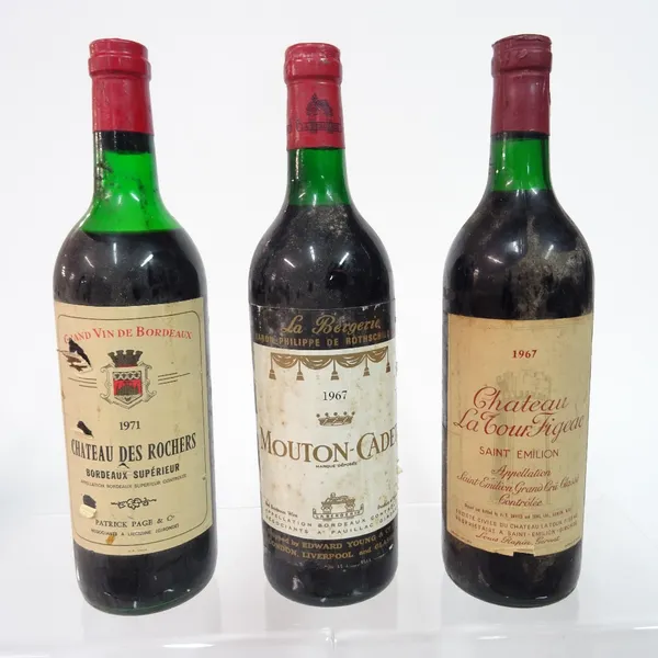 Three bottles of wine including: Chateau des Rochers Bordeaux 1971; La Bergerie Rothschild Mouton-Cadet 1967 and Chateau La Tour Figeac Saint Emilion