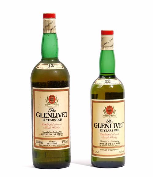 One bottle The Glenlivet 12 year old Scotch Whisky, circa. 1980, 1.13 litres and another smaller, 75cl, (2).