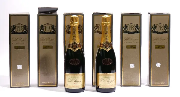 Six bottles of 1993 Pol Roger Brut Chardonnay Champagne, boxed.