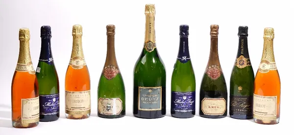 Nine bottles of champagne, comprising; two Krug Grand Cuvee, three Irroy Rose, two Michel Forget premier cru, 1996 Pol Roger Extra Cuvee De Reserve an