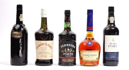 A bottle of 1937 Gilbert's Tawny Port, three further bottles of port and a bottle of Courvoisier (5).