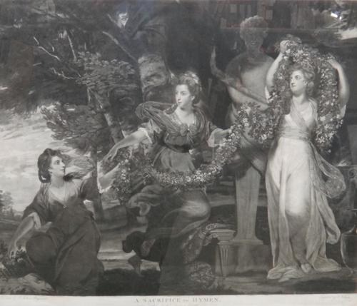 A group of three mezzotints, including 'A Sacrifice to Hymen' after Sir Joshua Reynolds; 'The Three Smiths, brothers and painters' by William Pellier,