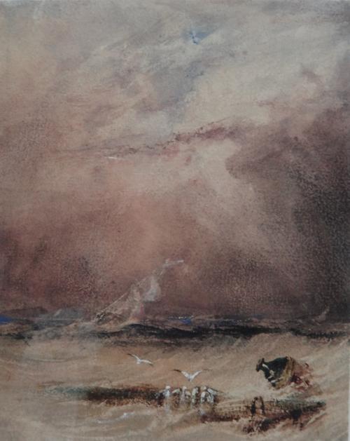 Attributed to Anthony Vandyke Copley Fielding (British 1787-1855), Ship in a storm, watercolour with scratching out, 18cm x 14cm.