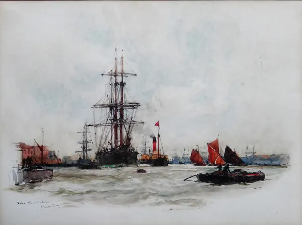 Charles Edward Dixon (British, 1872-1934), Below the W.I. Docks, watercolourm signed and inscribed, 20.5cm x 27cm.