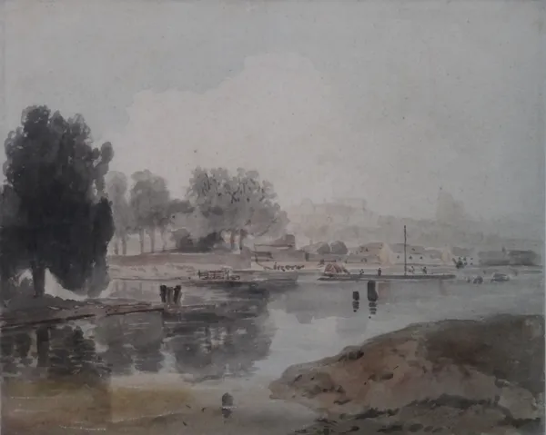 Attributed to John Varley (British 1778-1842), A Thames Backwater, watercolour, 22cm x 26cm.