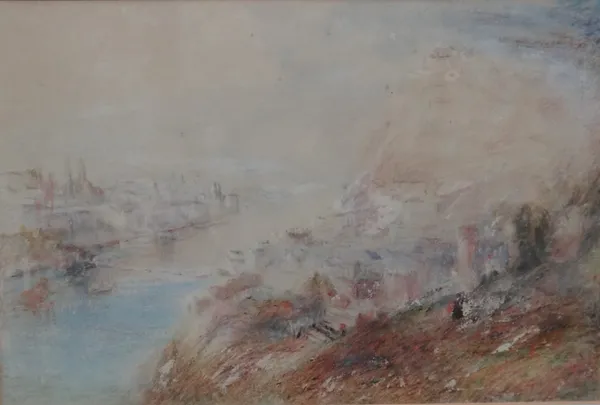 Manner of Joseph Mallord William Turner, View of an estuary town, pastel, 25.5cm x 38cm.