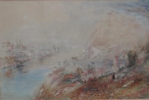Manner of Joseph Mallord William Turner, View of an estuary town, pastel, 25.5cm x 38cm.