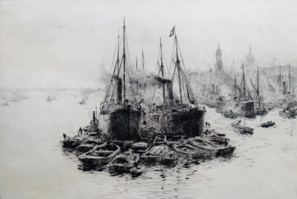 William Lionel Wyllie (British 1851-1931), Trawlers and rowing boats, etching, signed, 19cm x 27.5cm.