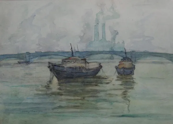 Louis Thomson (British, 20th century), River scene with boats, probably the Thames, watercolour, signed, 26cm x 36cm.