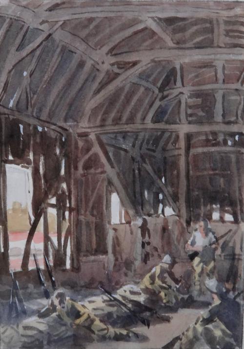 Henry A. Riley (early 20th century), A Flanders Billet, 1918, watercolour, 20cm x 12.5cm.