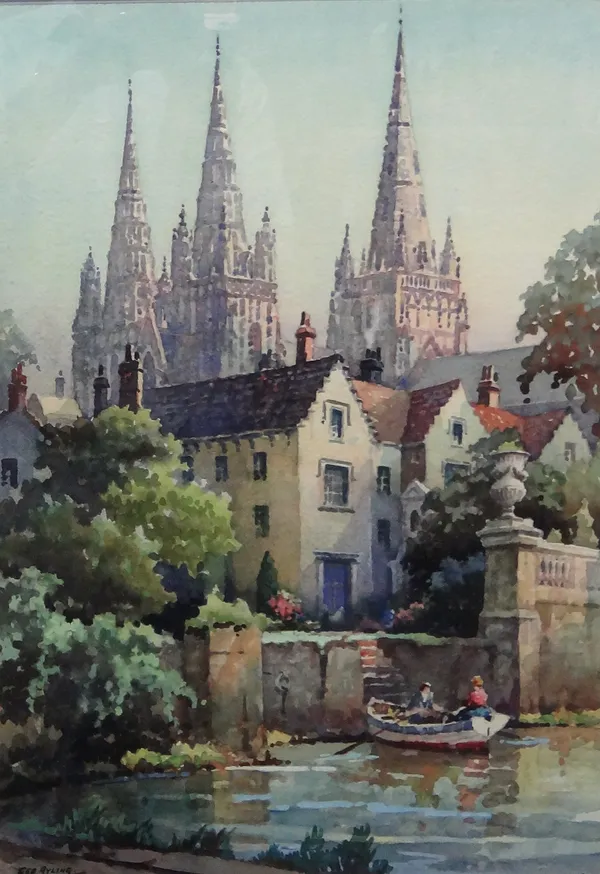 George Ayling (British, 1887-1960), Sunlit spires, Lichfield Cathedral, watercolour, signed, 52cm x 36cm.ARR