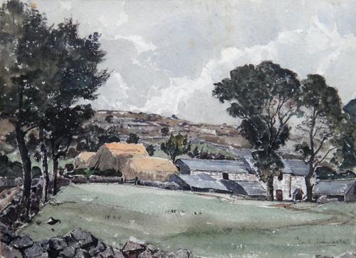 Claude Muncaster (British, 1903-1974), Farm in a landscape, watercolour, signed, 20cm x 28cm. ARR