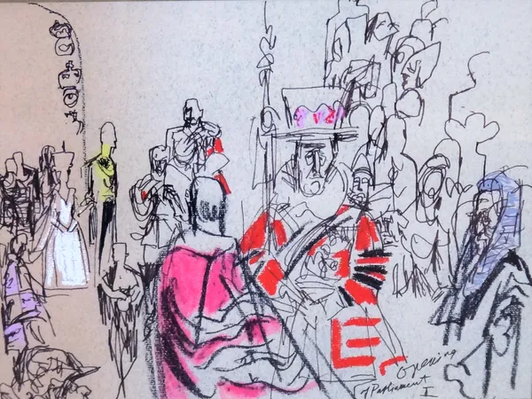 Feliks Topolski (Polish/British 1907-1989), Opening of Parliament I; Opening of Parliament II; Delivery of Pyx verdict at Goldsmiths Hall, three colou