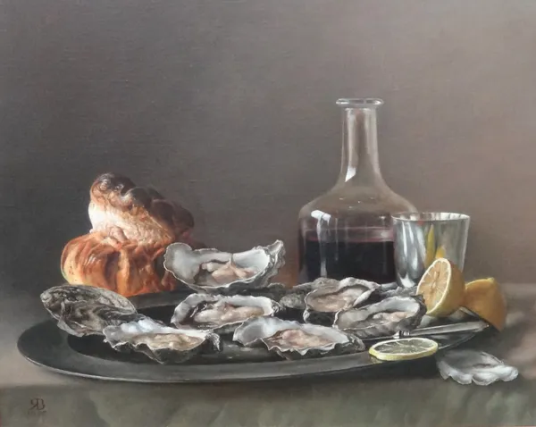 Roy Barley (British b.1935), Still life of Carafe, bread and oysters, oil on canvas, signed with monogram and dated 1995, 39cm x 49cm. ARR