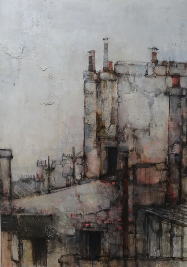 James Taylor (British, b.1925), Rooftops and chimneys, oil on board, signed and dated 1959, 114cm x 80cm. ARR