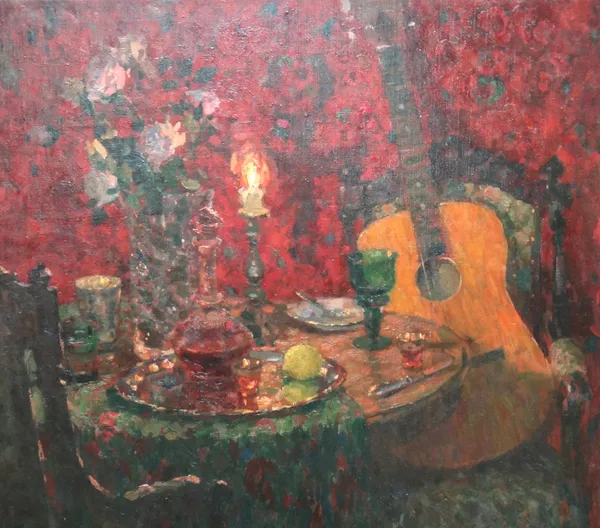 Russian School (20th century), Still life with guitar and table top, oil on canvas laid on board, indistinctly signed, unframed, 73cm x 84cm.