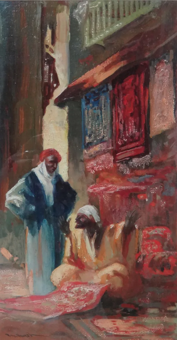 Hal (Henry William Lowe) Hurst (British 1865-1938), Arab interior, oil on board, signed, 29cm x 15cm.