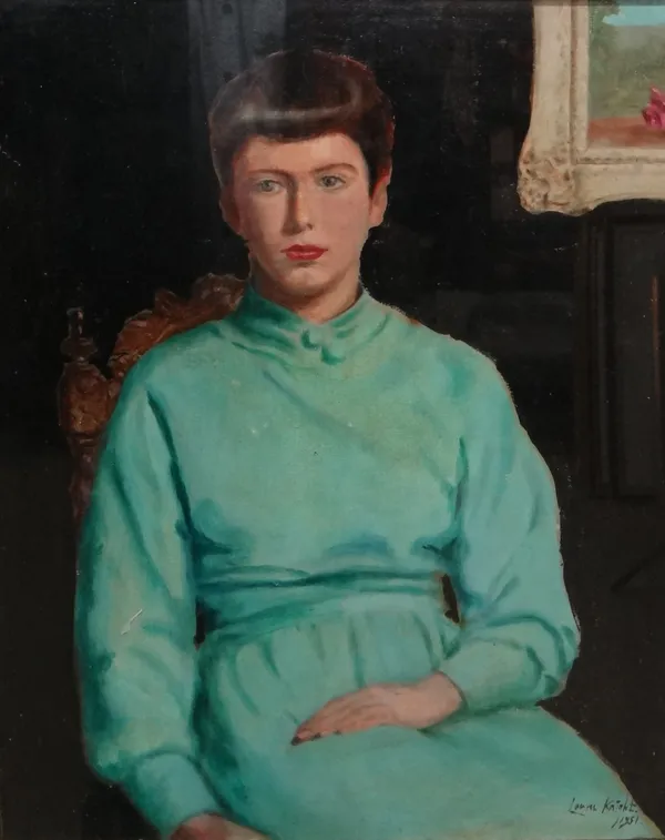 Follower of Dame Laura Knight, Portrait of a lady, oil on canvasboard, bears a signature and date 1951, 49cm x 39cm.