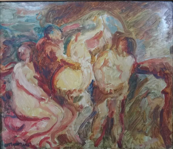 French School (early 20th century), Bathers, oil on canvas, indistinctly signed, 30cm x 35cm.