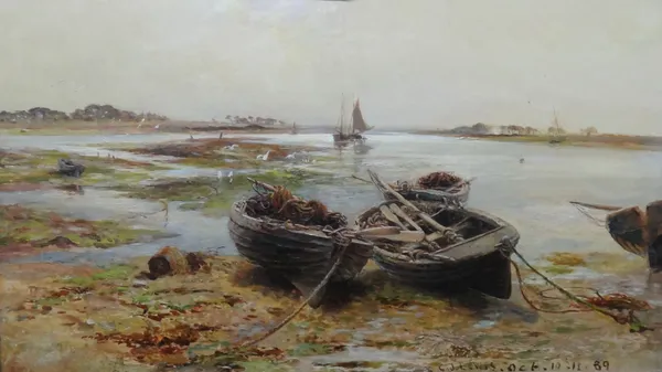 Charles James Lewis (British, 1830-1892), View down Chichester Harbour from Dell Quay, oil on board, signed and dated Oct 10.11.89, 31cm x 55.5cm.