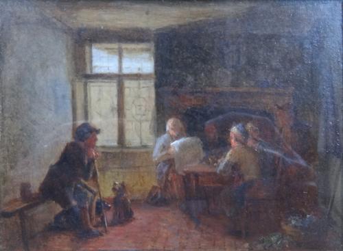 Thomas Webster (British, 1800-1886), reading the news, oil on card, 12cm x 15cm.