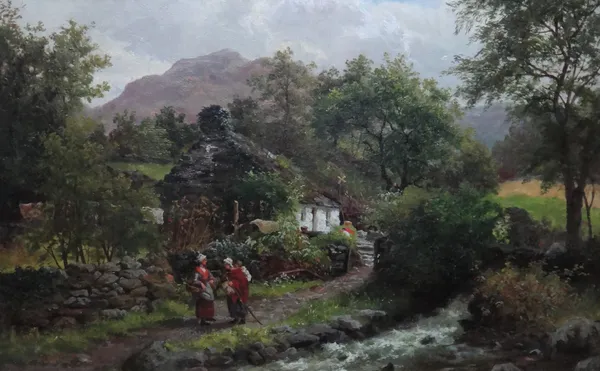 George Cambridge (British fl.1840-1890), Figures on a path by a stream, signed, 28cm x 44cm.