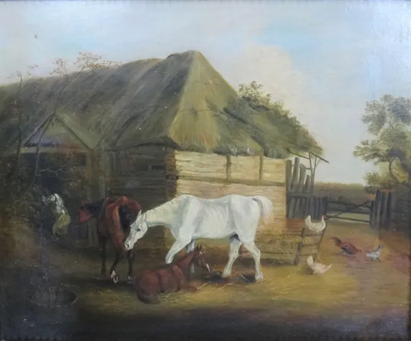 Follower of John Frederick Herring, Farmyard scene, oil on canvas, indistinctly signed, 37.5cm x 45cm.