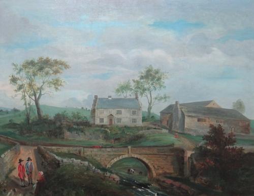 English Provincial School (19th century), View of a farm in a landscape, with figures by a bridge, oil on canvas, 59cm x 77cm.