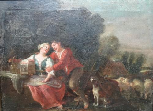 Continental School (early 19th century), Courting the shepherdess, oil on paper laid on panel, indistinctly inscribed on label on reverse, 23cm x 31cm