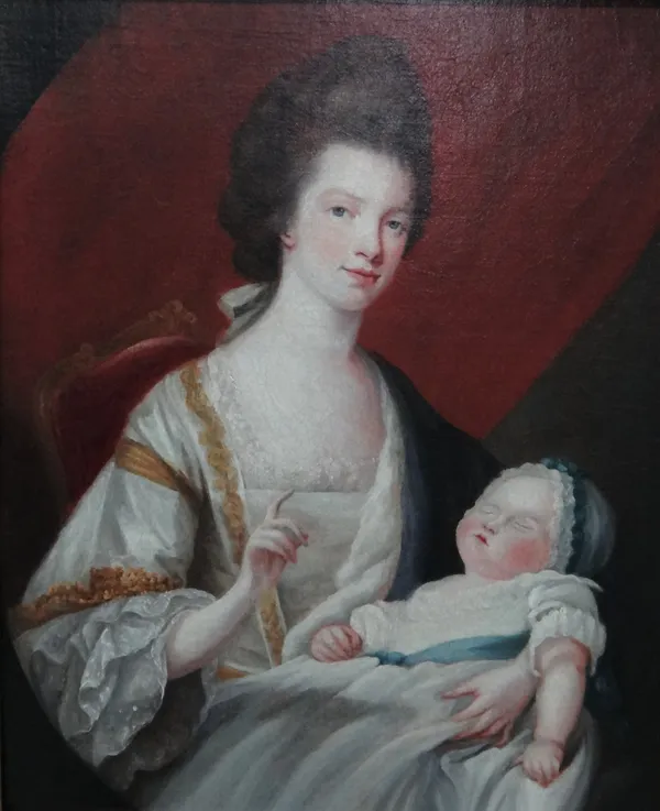 After Francis Cotes, Portrait of Queen Charlotte with the infant Princess Royal, oil on canvas, 42cm x 34cm.