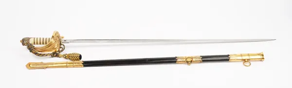 A George V Naval officer's sword, with single edged, engraved steel blade (79cm), folding brass guard stamped 'A. LONG RN', wire bound fish skin grip