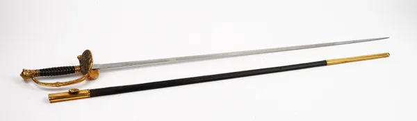 A Naval officer's sword, early 20th century, with straight, double edged steel blade (78cm), folding brass guard with anchor and flags, wire bound hor