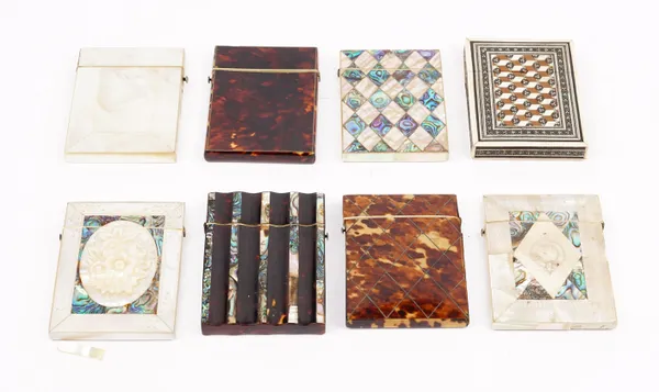 Eight late 19th century visiting card cases, each of rectangular form, with a hinged lid and sprung catch, various mother-of-pearl, abalone shell, tor