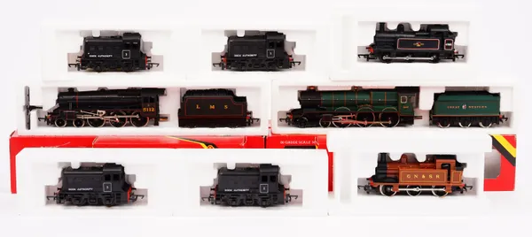 A quantity of Hornby OO gauge locomotives, comprising four R.253 diesel shunters, two R.052 tank locomotives, a R.061 LMS locomotive and a R.078 King