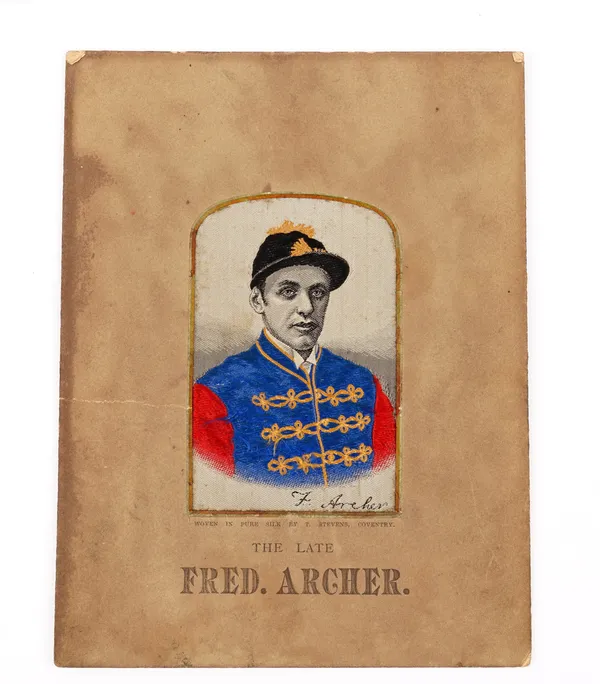 A Stevenograph of the late FRED ARCHER in the Prince of Wales colours, woven in silk by T. Stevens, Coventry, 9cm x 6cm.