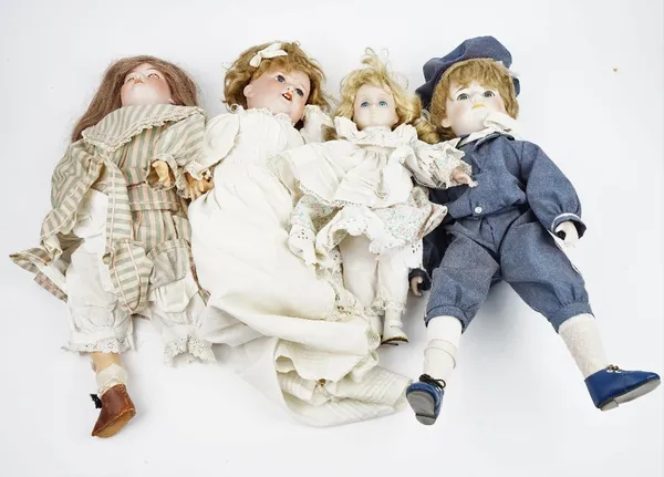 Four early 20th century Armand Marseille bisque head dolls, a Heubach Koppelsdorf bisque head doll and two modern dolls, the tallest 57cm, (7).