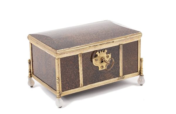 A French speckled agate and gilt metal casket, late 19th century, with a domed top and guilloche decorated gilt metal frame on four hardstone feet, 14