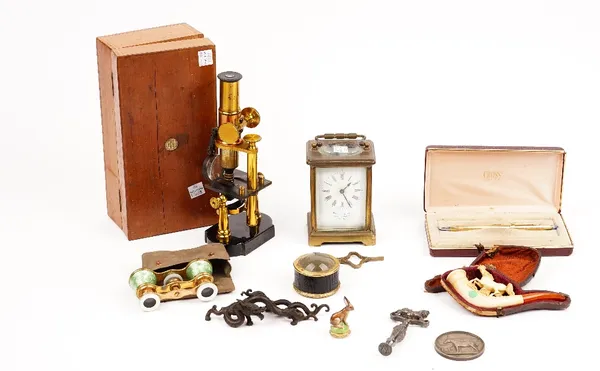 A group of collectables, including a brass students microscope, a Meersham pipe depicting a horse, a Victorian silver presentation medallion of equest