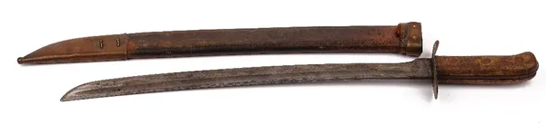 A Dutch Hembrug 'Klewang' or short sword circa 1940, inspectors stamp at forte, Naval, model 1898, within a leather scabbard, 60cm long.