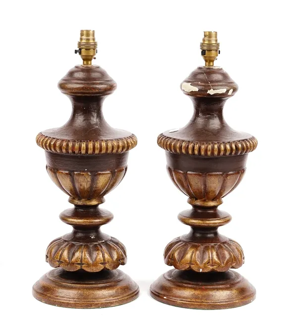 A pair of modern painted wooden table lamps, of baluster form, 45cm high.