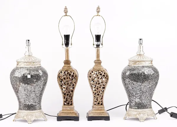 A pair of modern table lamps of baluster form, with a crackle glaze design, 51cm high, with shades and another pair of pierced baluster lamps, 44cm hi