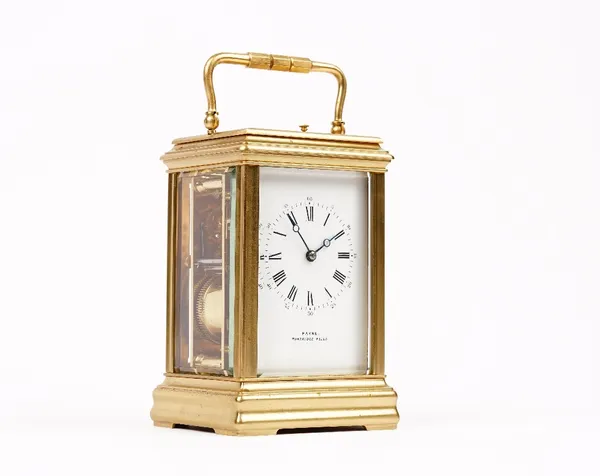 Payne, Tunbridge Wells,  a gilt brass cased carriage clock, with visible platform escapement, push repeat and striking on a gong, with key, 18cm high,