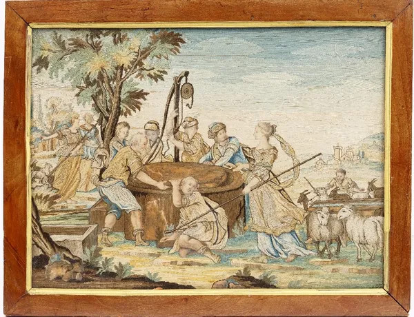 An 18th century silkwork panel, depicting Rebecca at the well, in a wooden frame, indistinctly signed Lucas G, 43cm x 33cm.