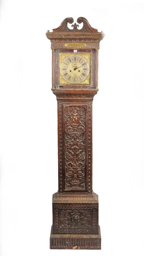 An oak cased longcase clock, the associated movement with 12 inch brass dial, signed Joseph Allingham, Sanderstead, striking on a bell, one pendulum a