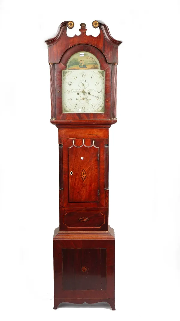 A late George III mahogany, conch shell inlaid and ivory mounted longcase clock, the 12 1/2 inch white painted dial signed, Stonehouse, Leeds, 227cm h