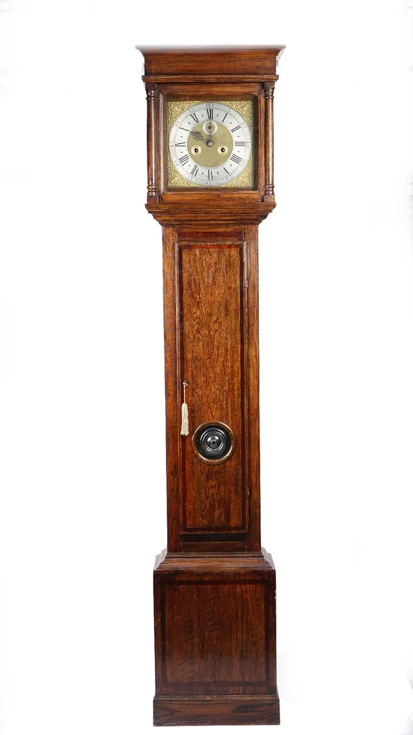 An oak longcase clock, the associated 11 inch square brass dial, inscribed, William Wallen, Wokingham, with strike on bell (movement, dial and chapter