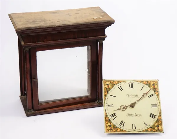 A white painted 30 hour longcase clock movement, circa 1840, the 11 inch square dial, signed Barnett, Cliffe Lewes, the spandrels painted with Chiname