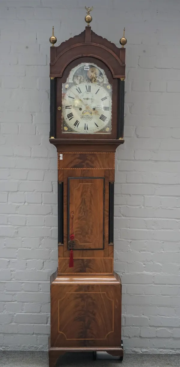 A mahogany and boxwood outlined longcase clock, circa 1850, the 13 inch arched white painted dial with moonphase, signed George Lewton, Kingswood, str