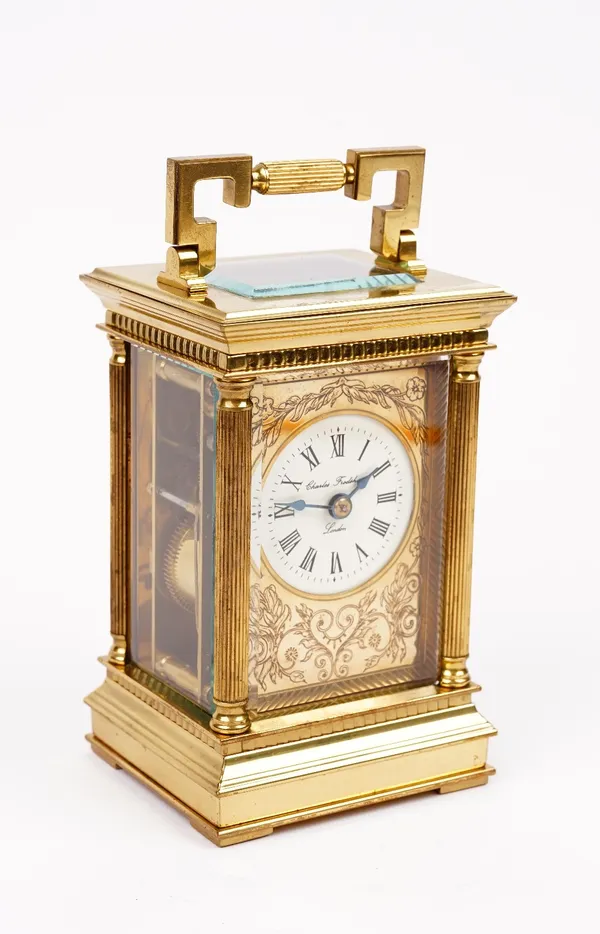 A 20th century carriage clock, by Charles Frodsham of London, the 6cm diameter white enamel dial with Roman numerals, to the eight day two train movem