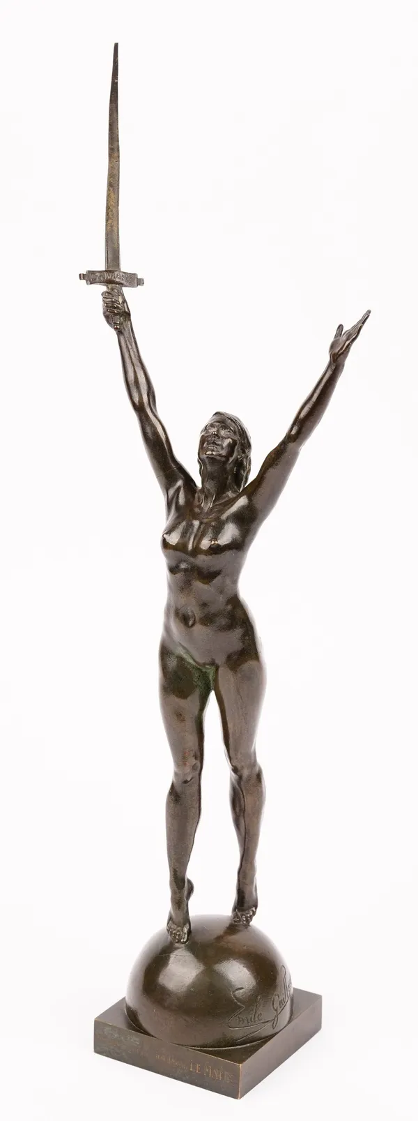 After Emile Oscar Guillaume (1867 - 1942), a bronze figure of 'La Déliverance', inscribed to the base F. Barbbedienne, Foundeur Paris and Offewrt Par